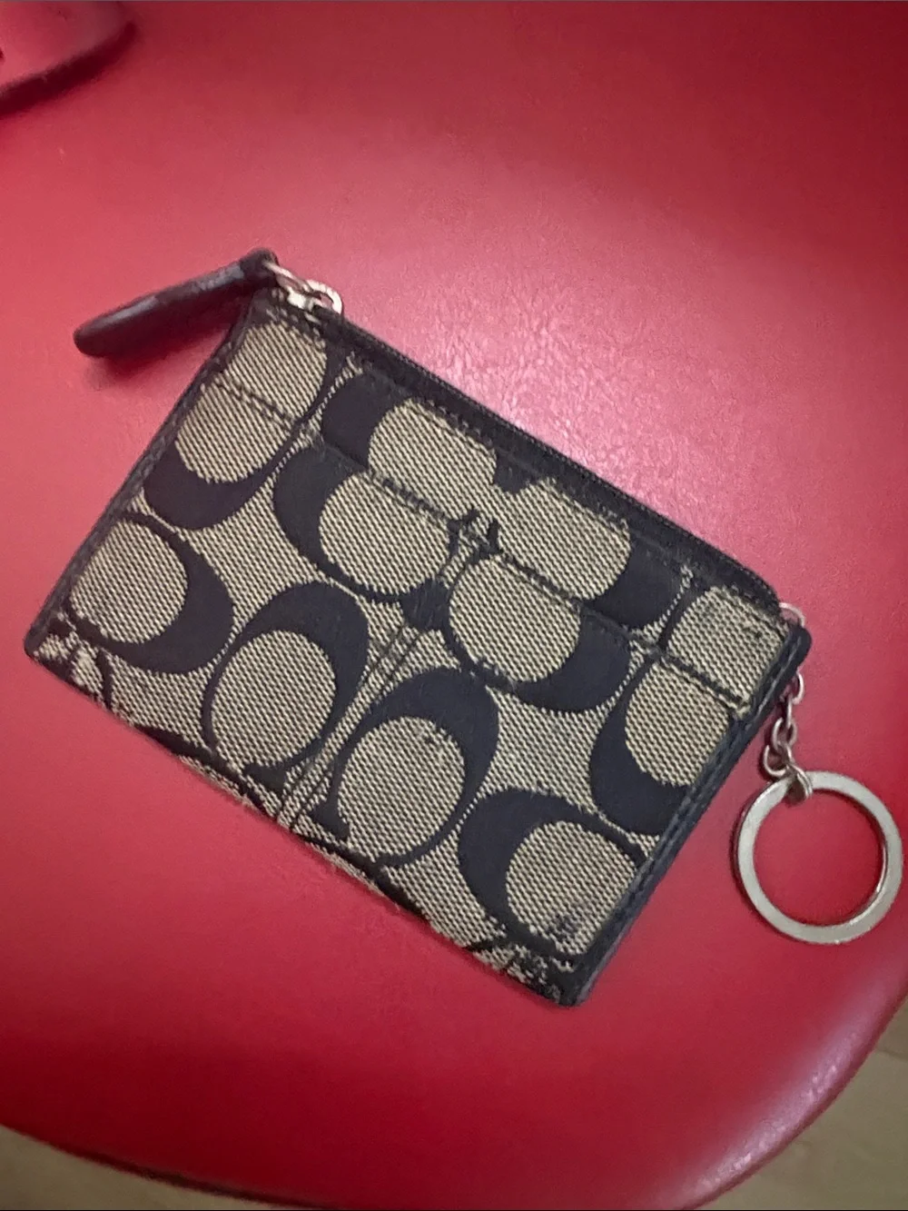 Coach Signature Canvas Card Case with Keyring in Khaki and Black